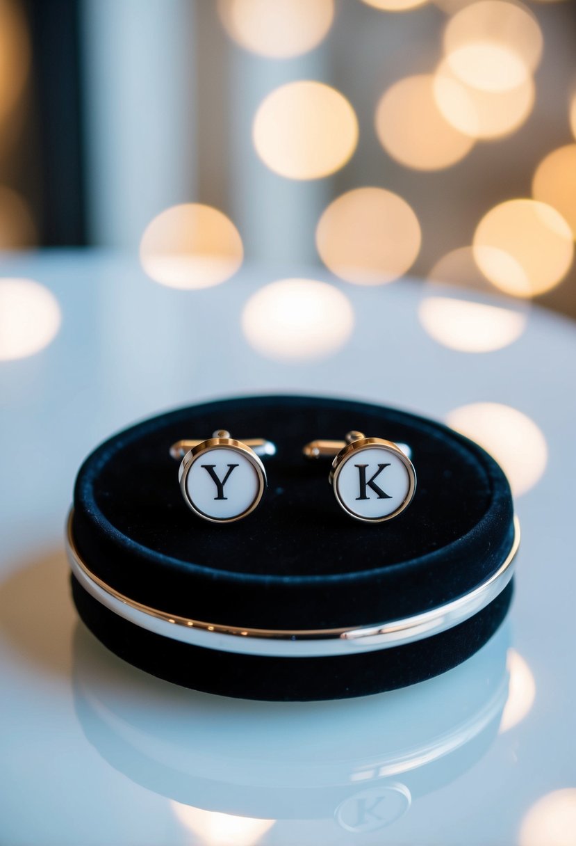 A set of personalized cufflinks with initials displayed on a sleek black velvet cushion