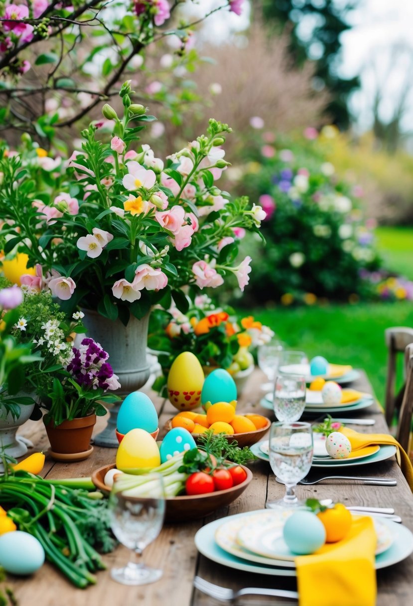 A lush garden with blooming flowers, colorful Easter eggs, and a rustic wooden table set with fresh vegetables and fruits for a wedding celebration