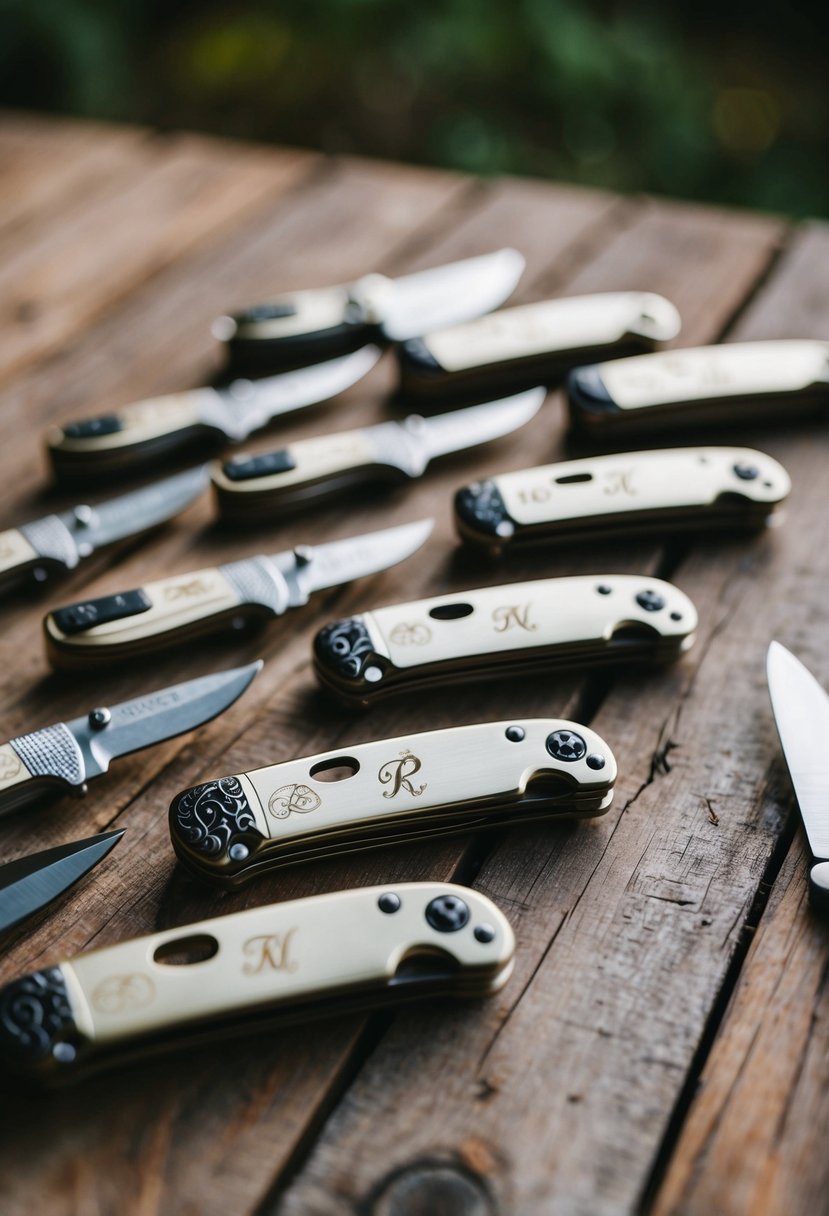 A group of personalized engraved pocket knives arranged neatly on a rustic wooden table, with the groom's initials etched into the handle of each one