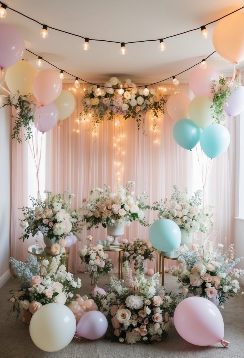 A room filled with delicate floral arrangements, pastel-colored balloons, and twinkling string lights, creating a romantic and festive atmosphere for a wedding shower