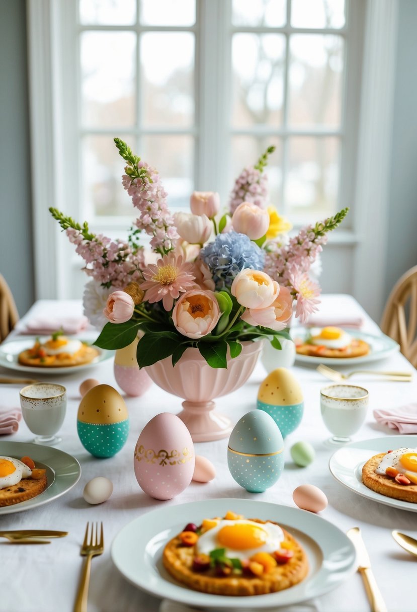 A table adorned with pastel-colored flowers, decorated eggs, and a spread of brunch-inspired dishes