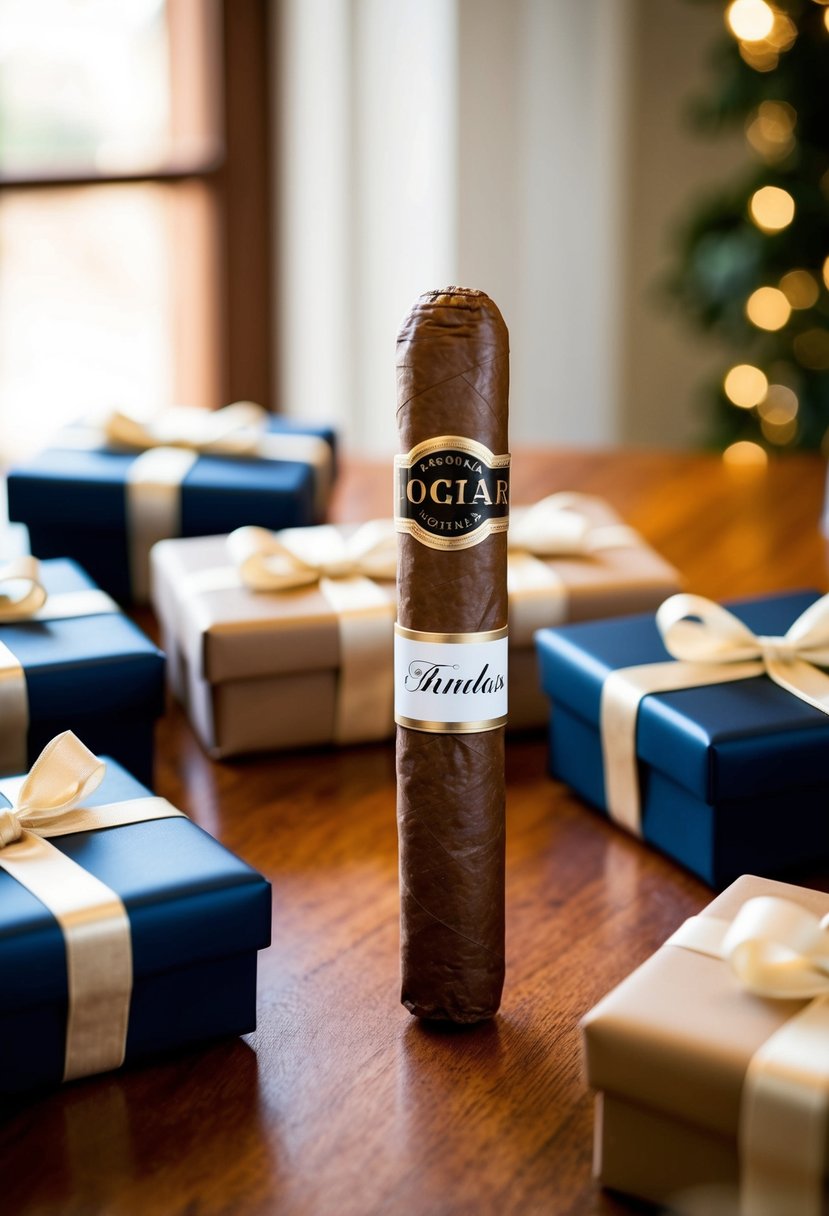 A luxurious cigar with a personalized band sits on a wooden table, surrounded by elegant groomsmen gifts