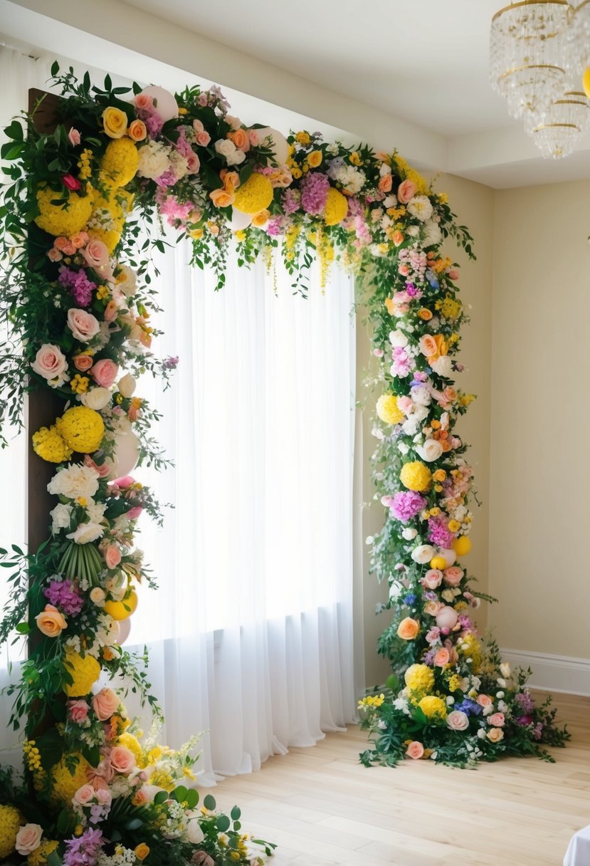 A colorful floral balloon garland drapes across a wedding shower, adorned with vibrant flowers and greenery, creating a whimsical and romantic atmosphere