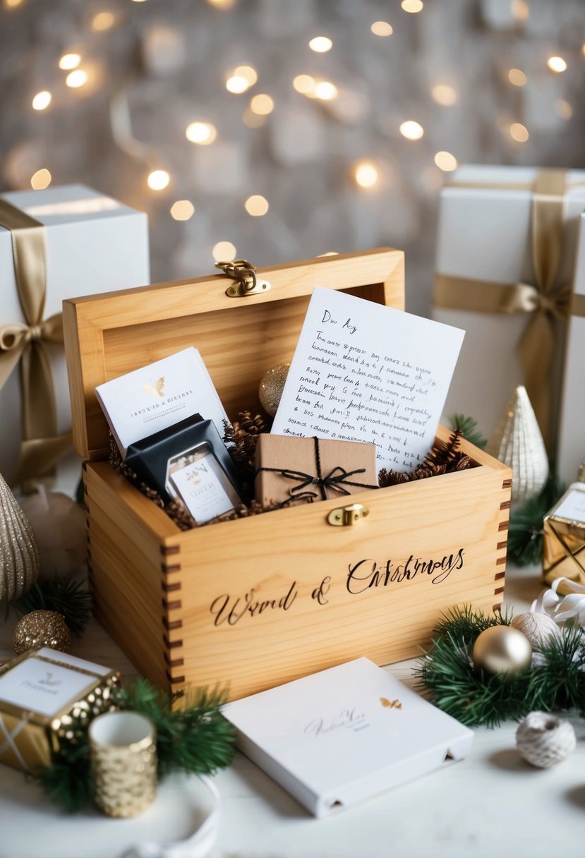 A wooden gift box filled with personalized items and a handwritten note, surrounded by elegant packaging and decorative accents