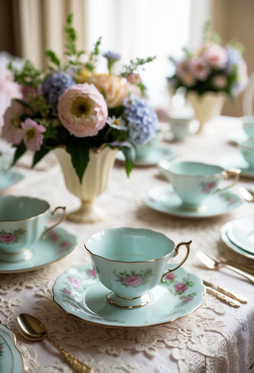 A table set with vintage teacups, saucers, and floral centerpieces. Lace tablecloth and pastel colors create a charming atmosphere