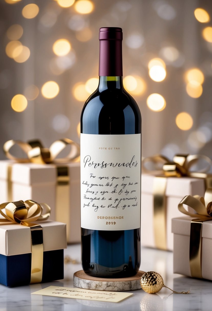 A bottle of wine with a personalized label and a handwritten note, surrounded by elegant packaging and a small gift box