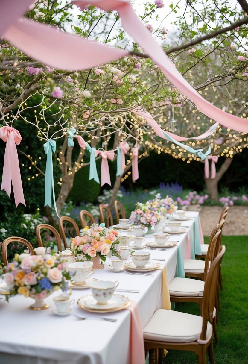 A garden filled with blooming flowers, pastel-colored ribbons, and delicate fairy lights adorning the trees. A table set with vintage teacups and floral centerpieces, surrounded by laughter and joy