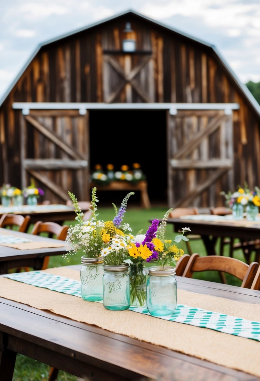 A wooden barn backdrop with mason jar centerpieces, burlap table runners, and wildflower bouquets