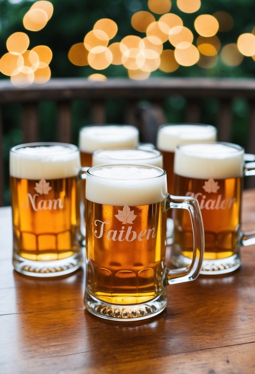 A group of personalized beer mugs arranged on a wooden table, each with a different groomsmen's name etched on the glass