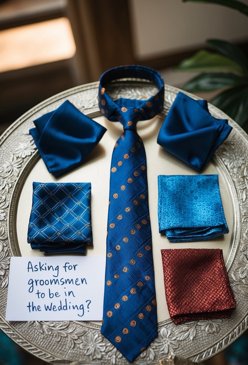 A set of unique ties and matching pocket squares arranged on a decorative surface, with a handwritten note asking groomsmen to be in the wedding