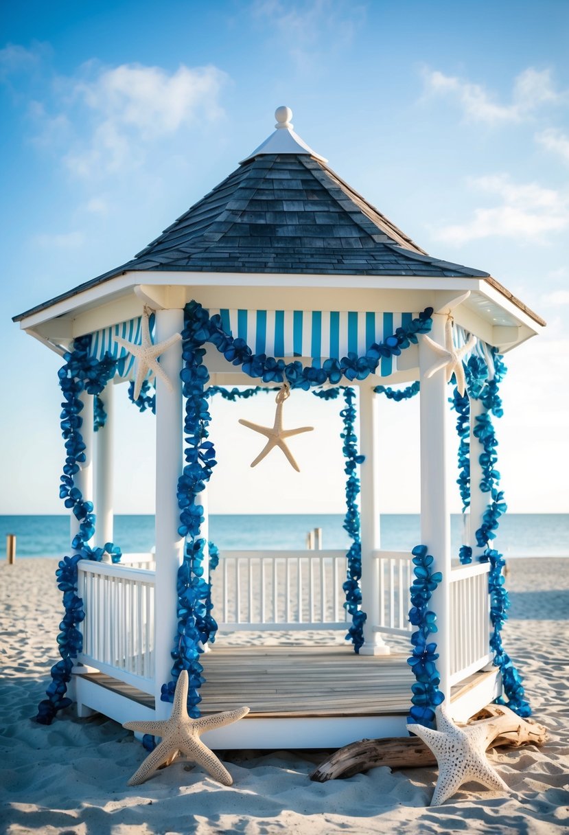 A beachfront gazebo adorned with seashell garlands, starfish centerpieces, and driftwood accents. Blue and white color scheme with nautical details