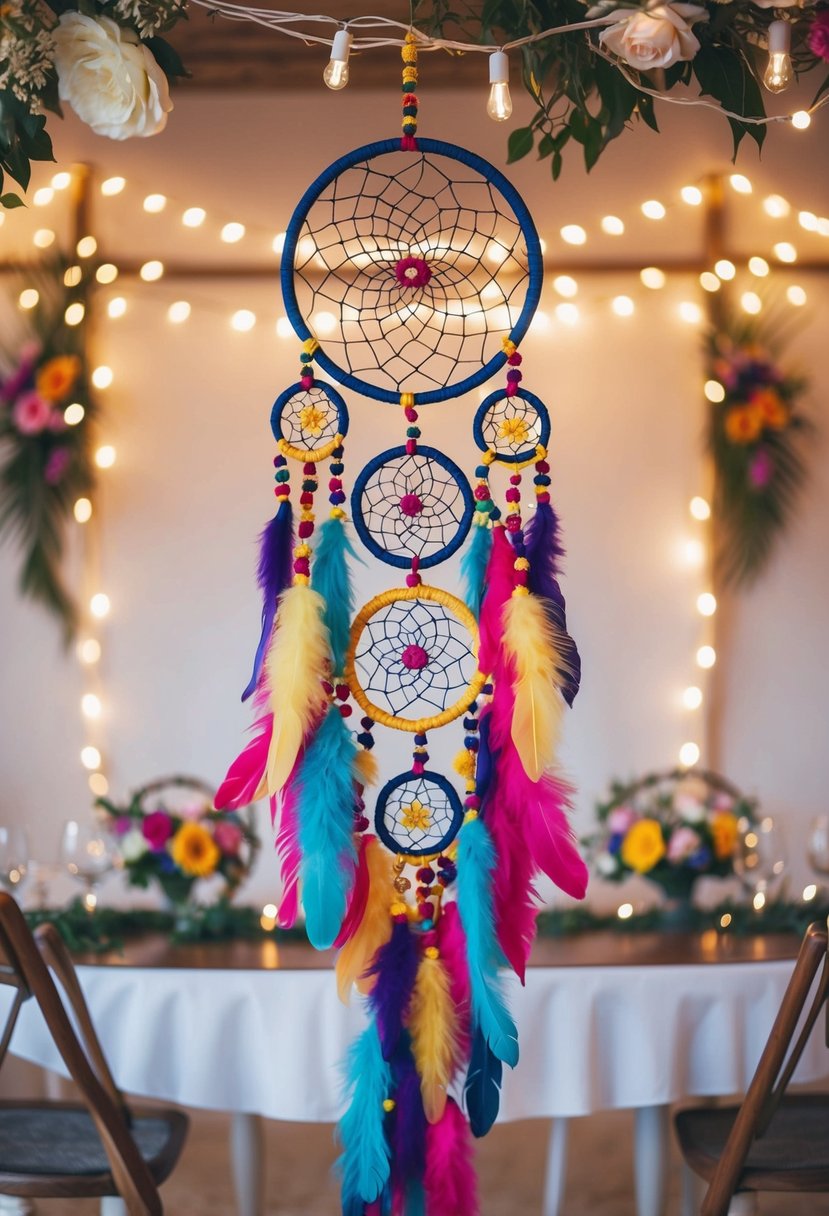 A table adorned with colorful Bohemian Dream Catchers, hanging from the ceiling, surrounded by fairy lights and flowers