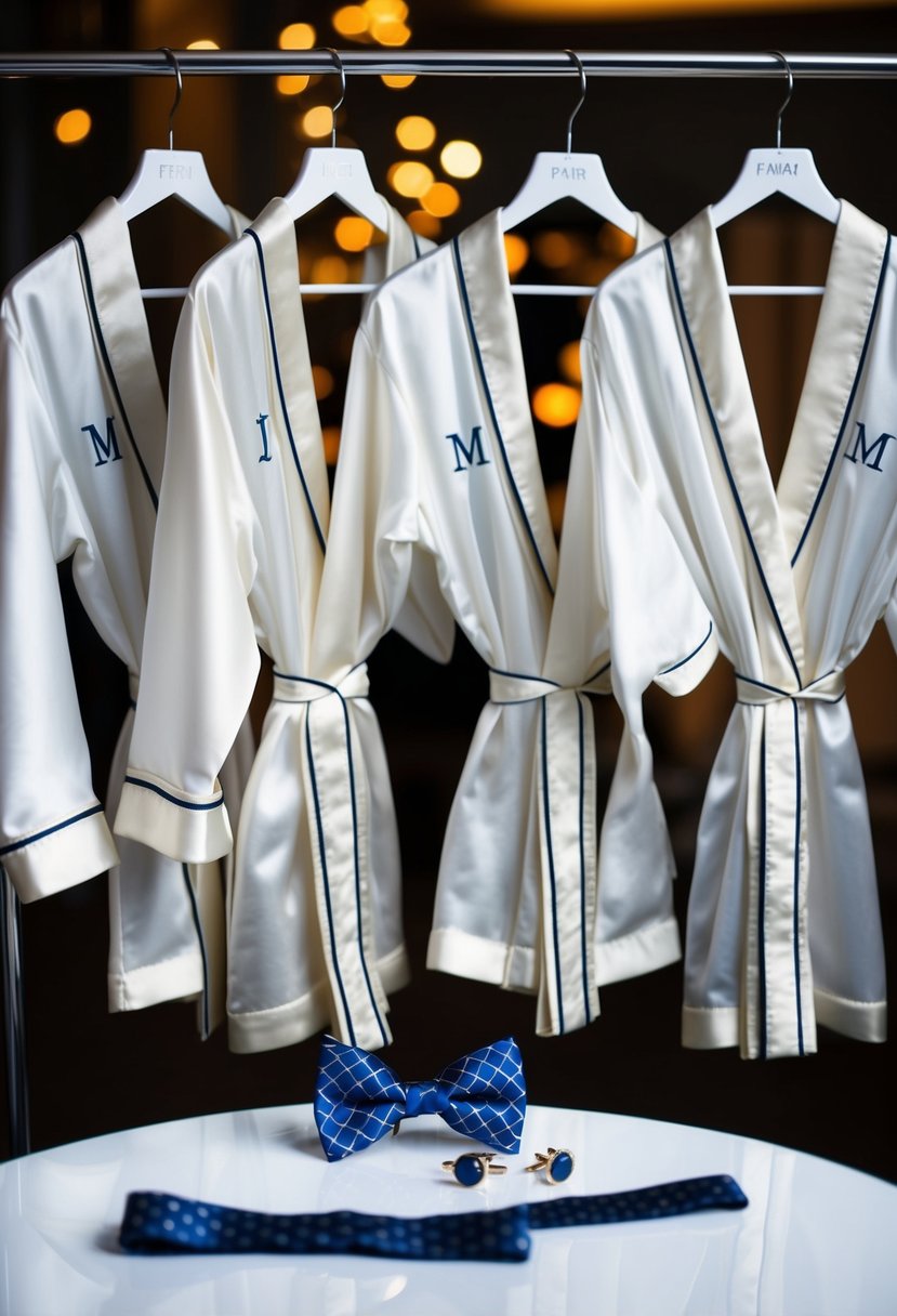 A group of monogrammed silk robes hanging on personalized hangers, with a bow tie and cufflinks laid out on a table nearby