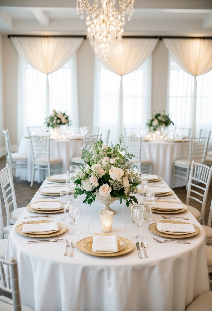 A white table adorned with elegant linens, set for a wedding shower with delicate floral centerpieces and sparkling tableware