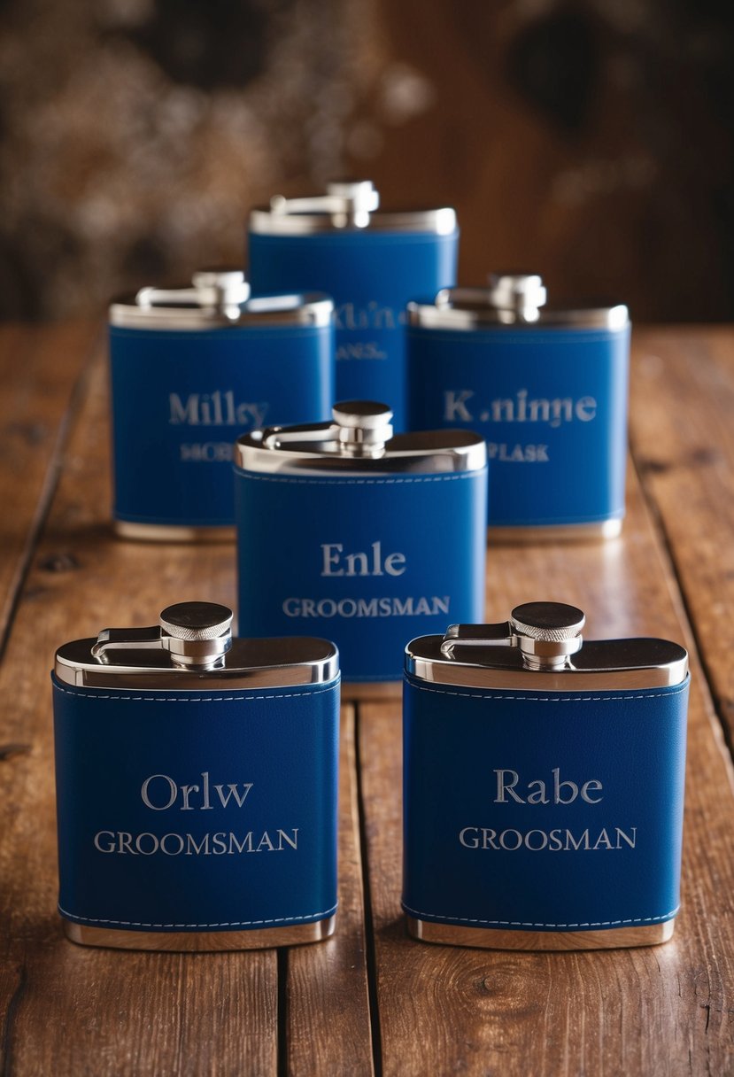 A group of personalized flasks with the names of each groomsman engraved on them, arranged neatly on a wooden table with a rustic background