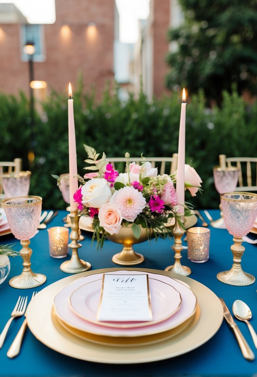 A table adorned with gold and pink accents, featuring floral centerpieces, candles, and delicate place settings