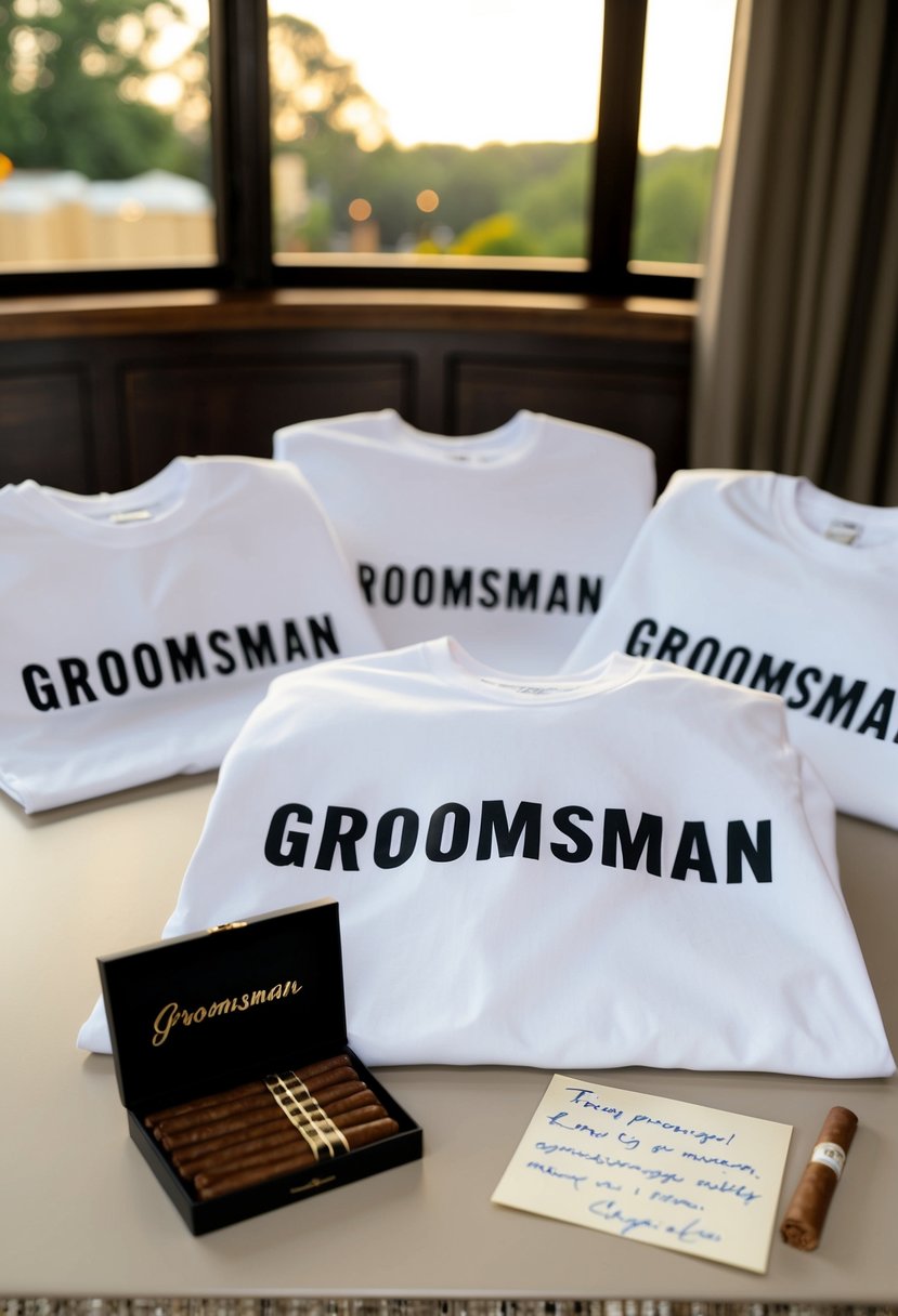 A group of custom-made t-shirts with 'Groomsman' text displayed on a table with a handwritten note and a box of cigars