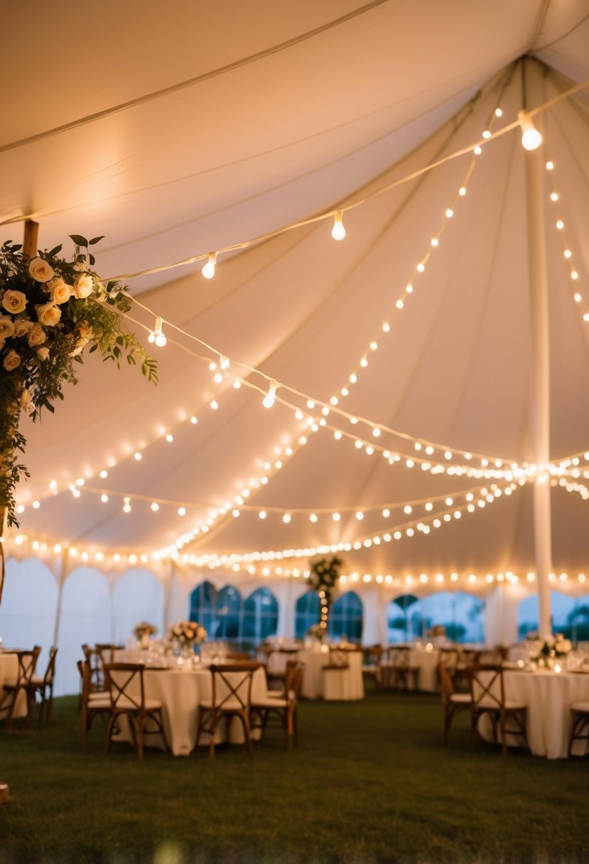 Soft, warm string lights illuminate a white wedding tent, casting a romantic glow over the draped fabric and floral decorations