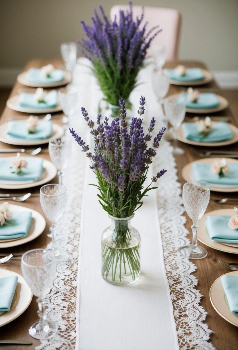 A table adorned with delicate lace runners and vases of fresh lavender, surrounded by soft, pastel-colored decorations