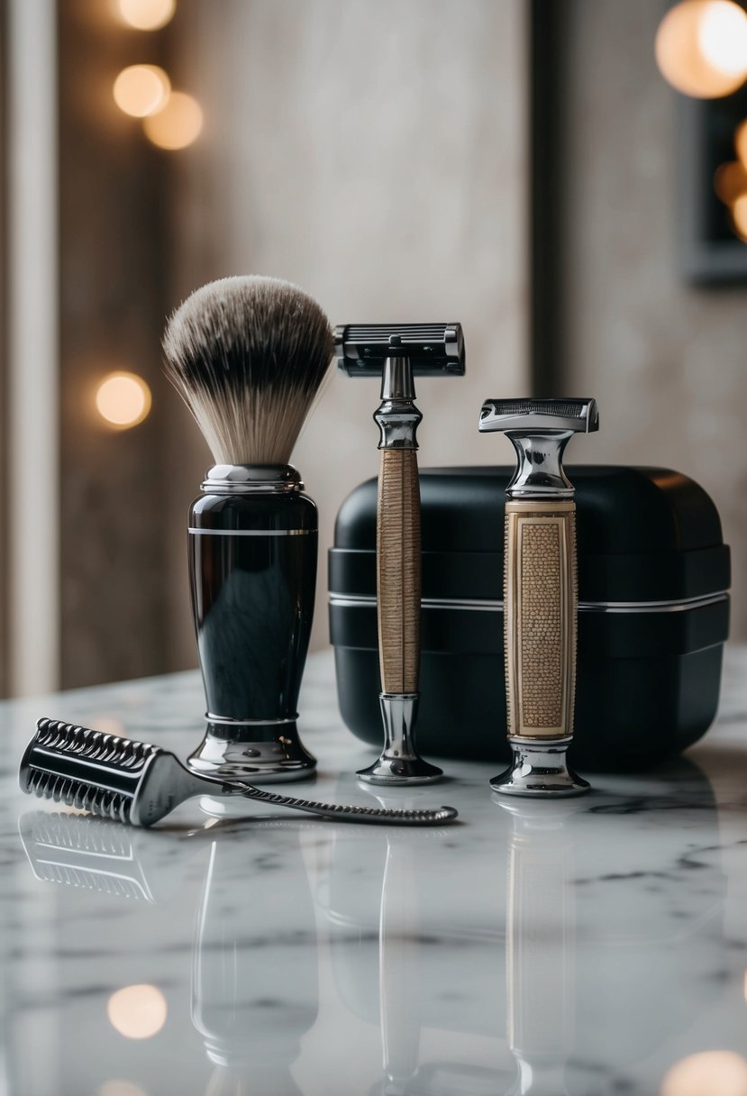 A vintage-inspired shaving kit with a classic razor, brush, and grooming products arranged on a sleek marble countertop