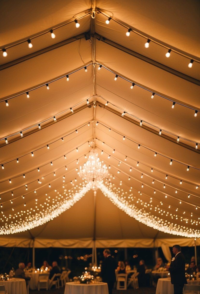 Soft, warm string lights drape across the ceiling of a wedding tent, casting a romantic and intimate glow over the space