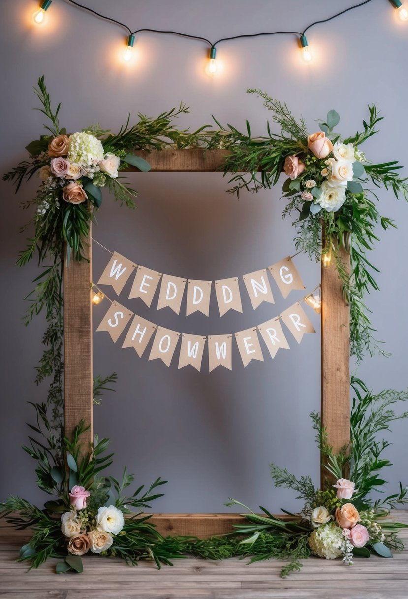 A rustic wooden frame adorned with flowers and greenery, with hanging fairy lights and a personalized banner for a wedding shower photo booth backdrop