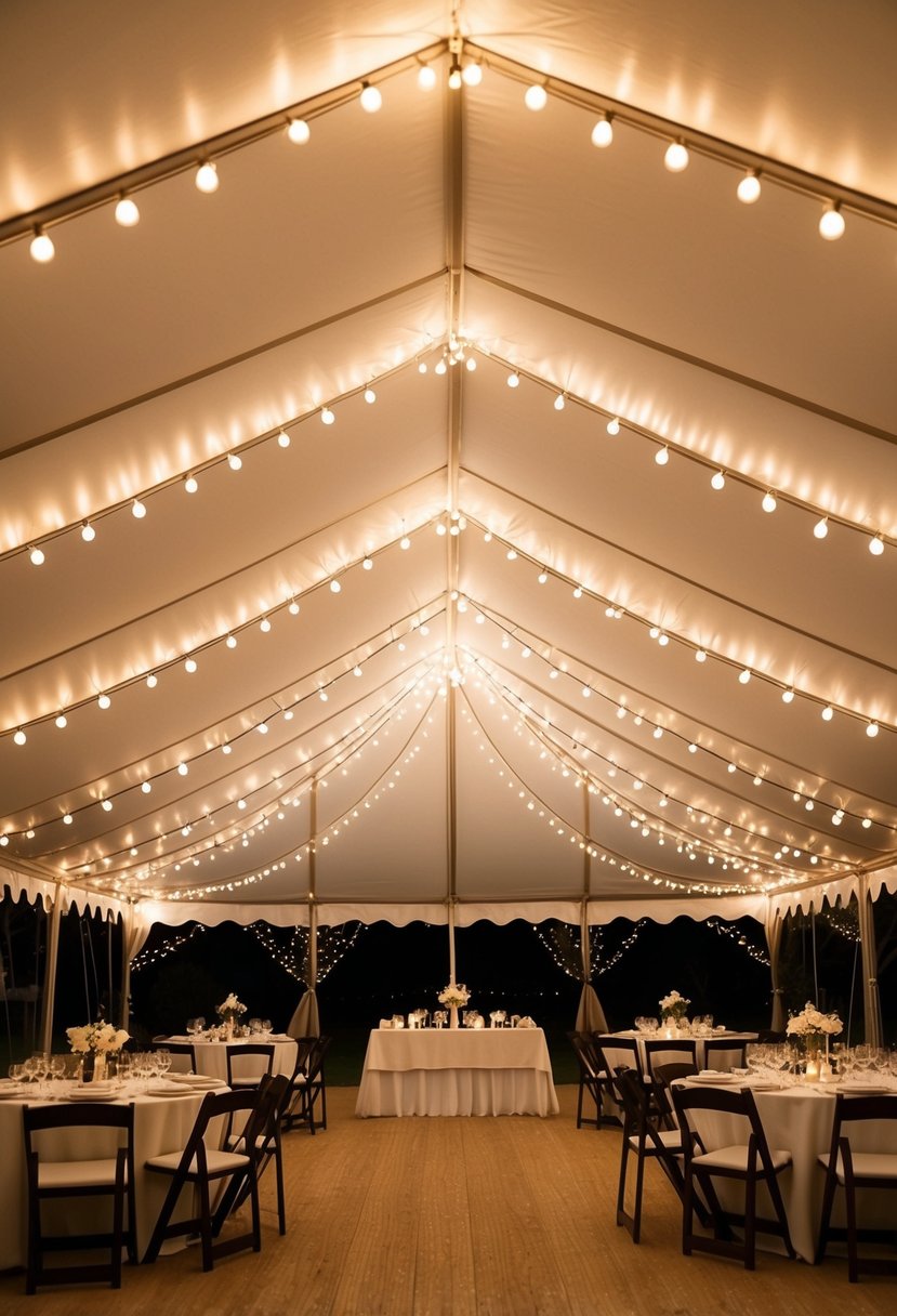 Fairy lights twinkle above a wedding tent, casting a warm and enchanting glow over the space