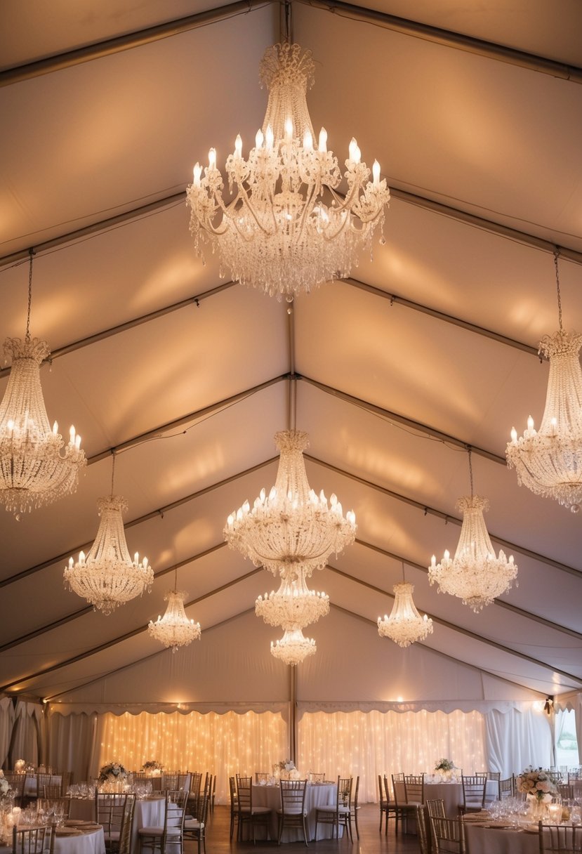 A grand wedding tent adorned with elegant chandeliers casting a warm and luxurious glow over the space