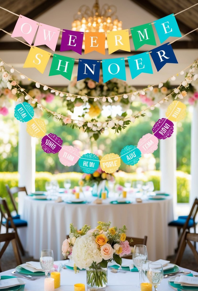 Colorful name banners hanging above a festive wedding shower table, surrounded by flowers and elegant decor