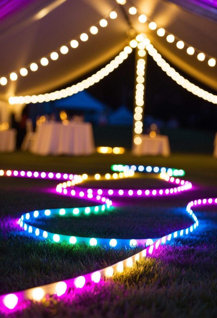 Colorful LED strip lights snake around the perimeter of a wedding tent, casting a soft, customizable glow over the space