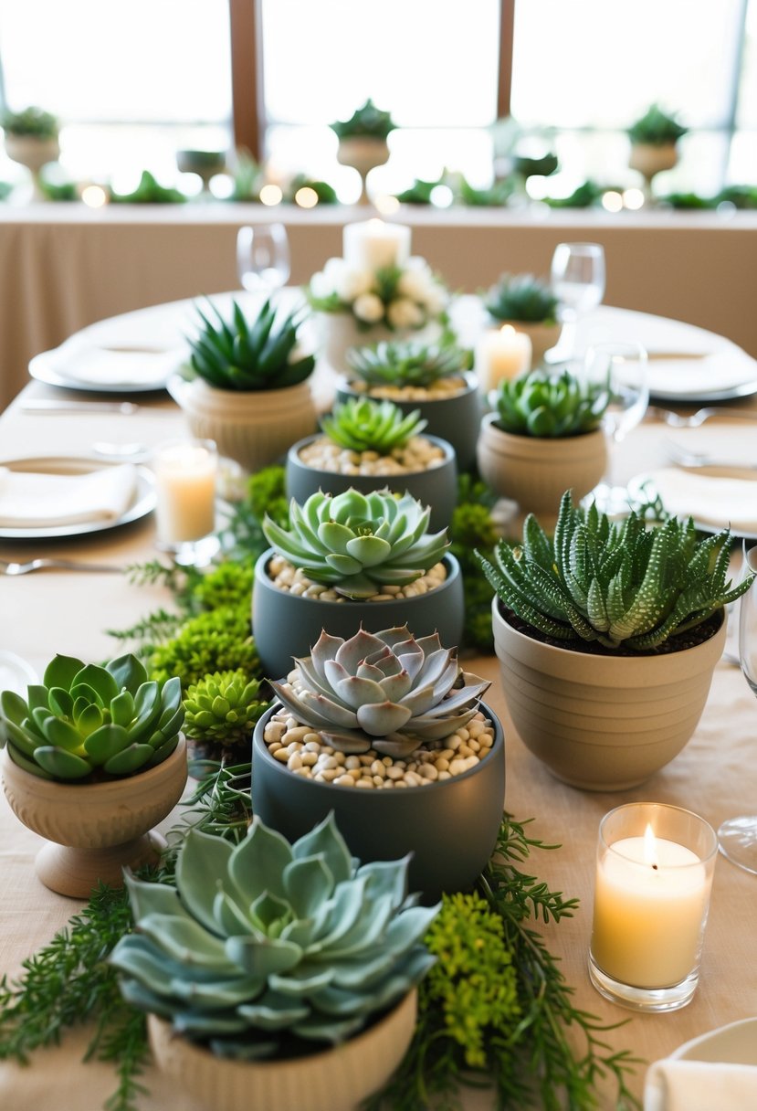 A table adorned with various succulent centerpieces, arranged in elegant containers, creating a natural and beautiful display for a wedding shower celebration