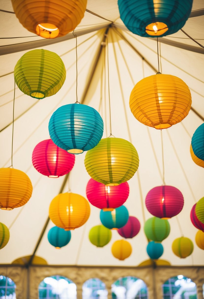 Colorful paper lanterns hanging from the ceiling of a wedding tent, casting a whimsical glow over the space