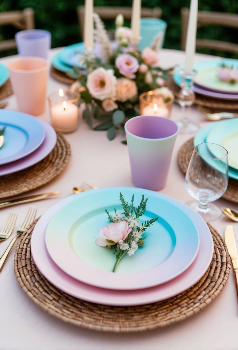 A table set with pastel ombre plates, cups, and napkins, adorned with delicate floral centerpieces and soft candlelight