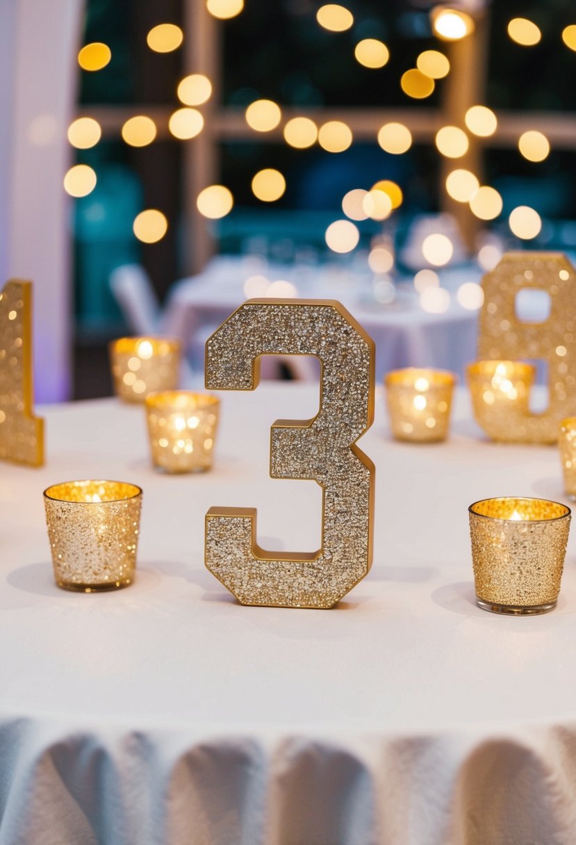 A table adorned with glittery numbers, sparkling under soft lights at a wedding shower