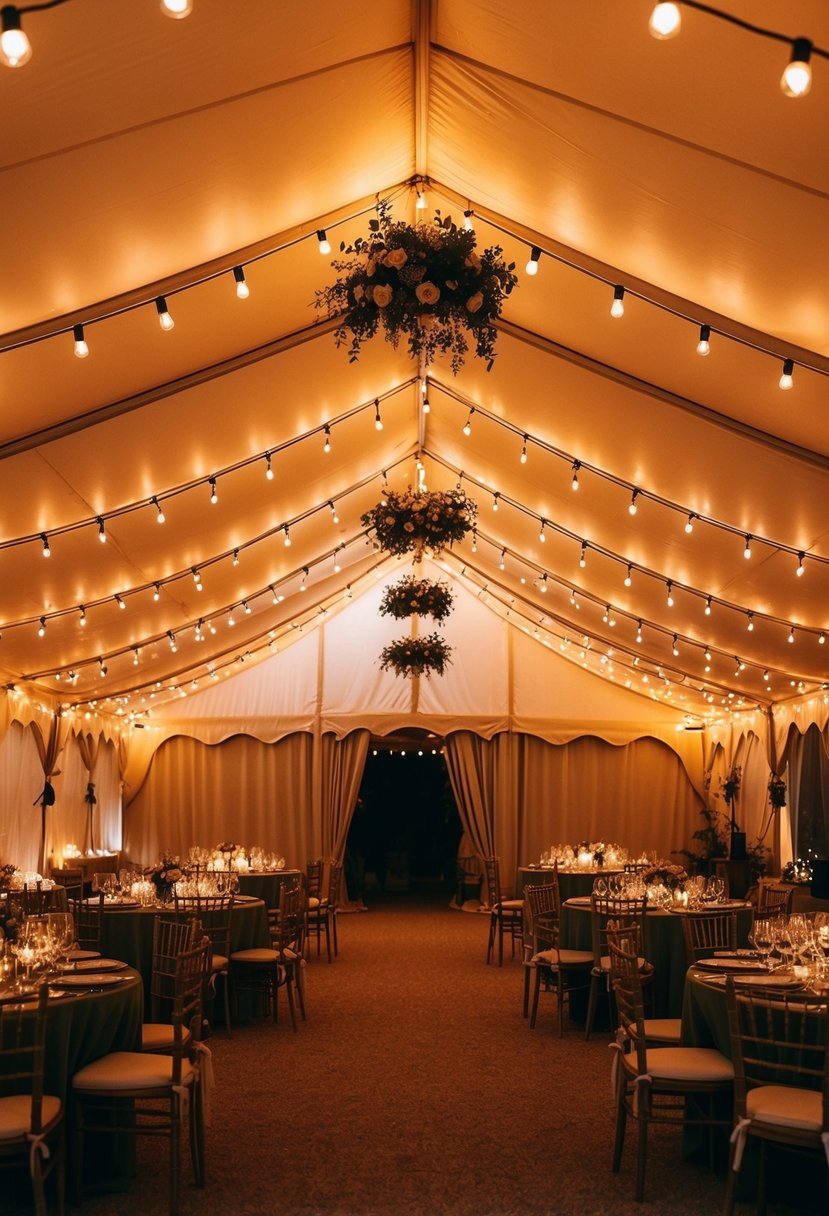 Warm glow of festoon lighting illuminates a wedding tent, creating a cozy and romantic ambiance