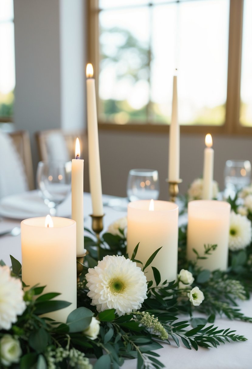 A simple, elegant civil wedding scene with white flowers, greenery, and candles as decorations