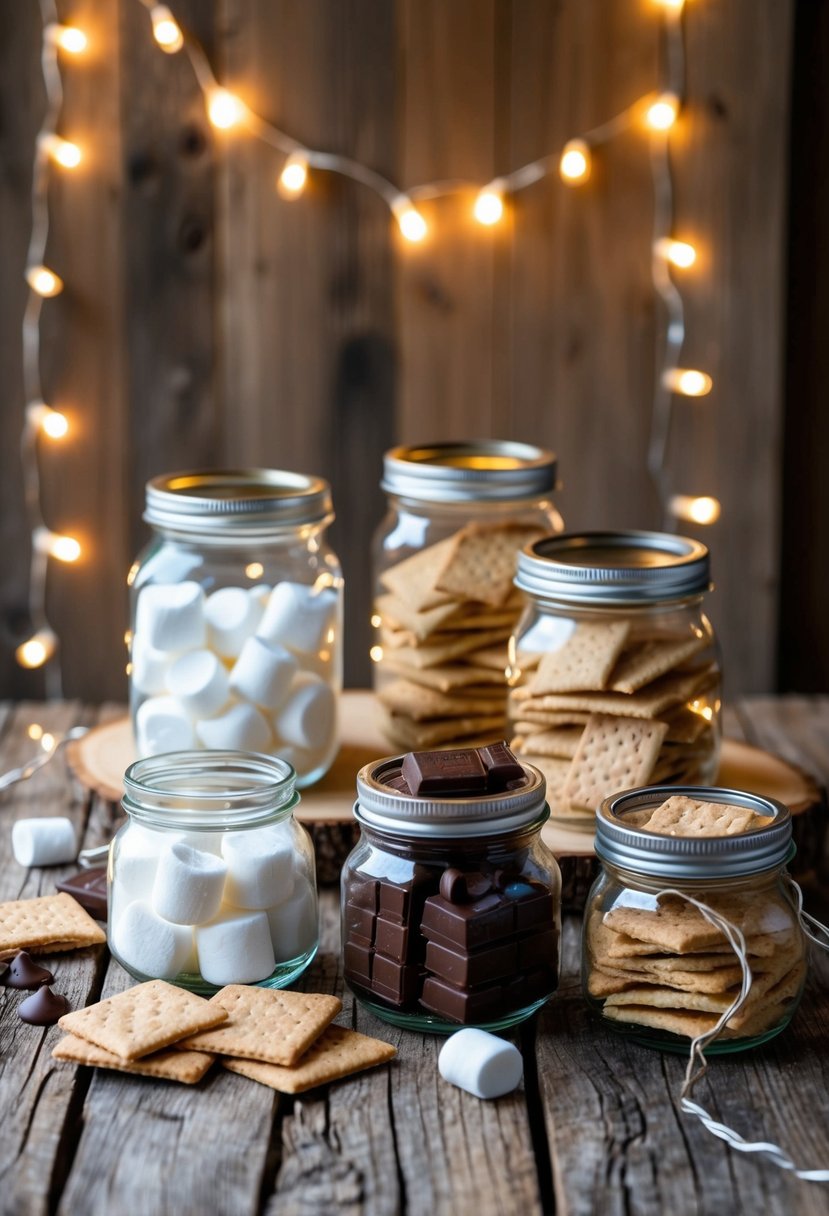 A rustic wooden table with jars of marshmallows, chocolate, and graham crackers, surrounded by fairy lights and burlap accents