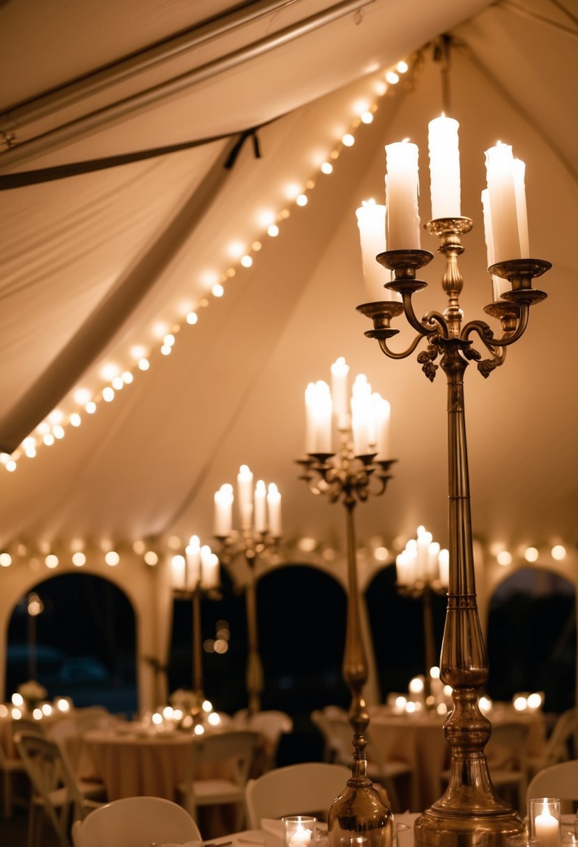 Soft candlelight flickers across a tent, casting warm, intimate shadows. Candelabras stand tall, adorned with candles, creating a romantic atmosphere