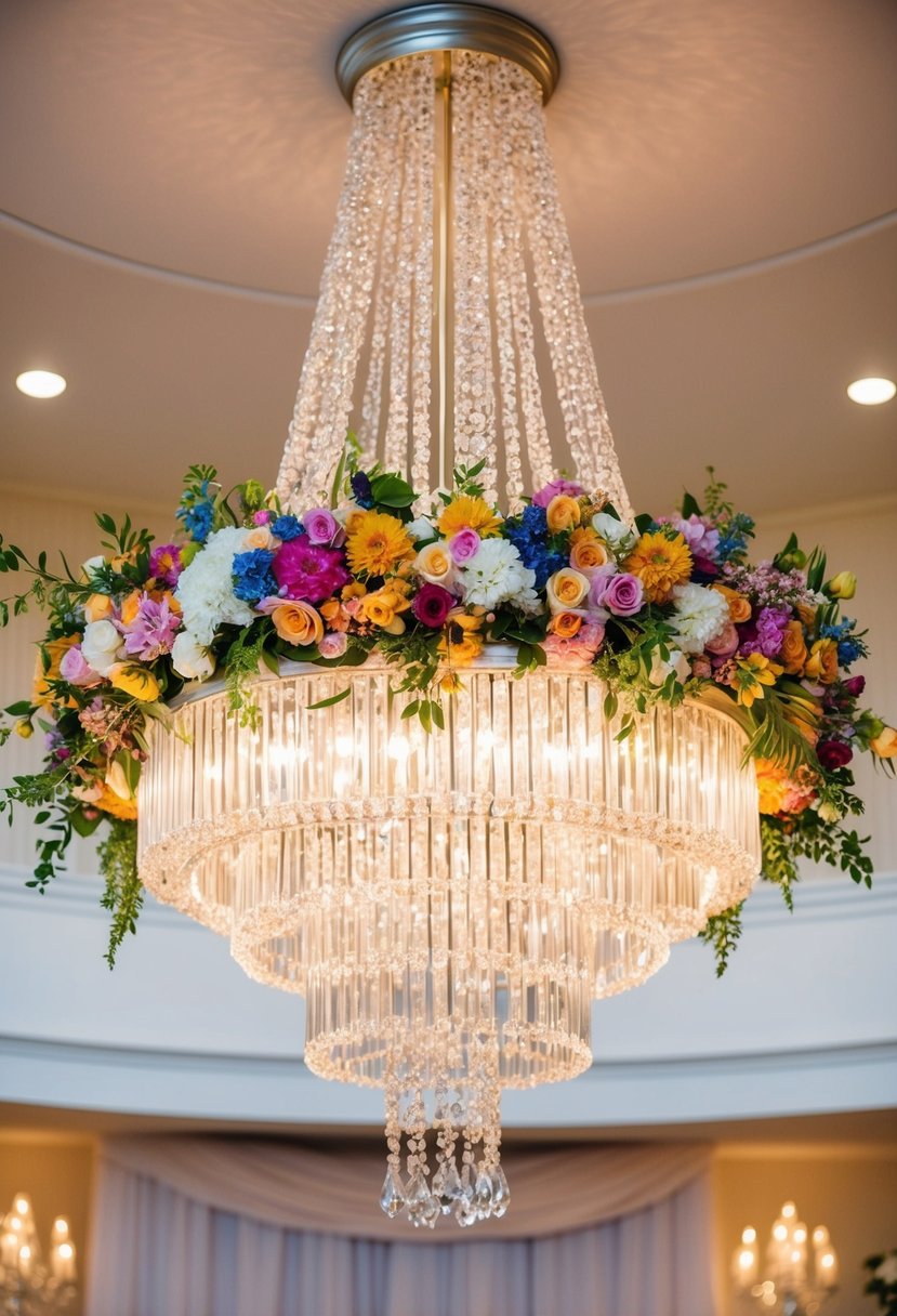 A beautiful floral chandelier hangs from the ceiling, adorned with an array of colorful flowers, creating a stunning centerpiece for a civil wedding celebration