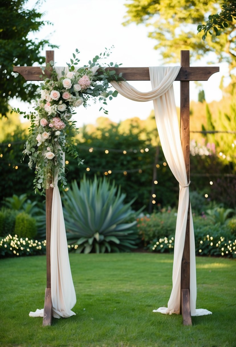 A rustic wooden arch adorned with draped fabric and fresh flowers stands in a sunlit garden, surrounded by greenery and twinkling lights