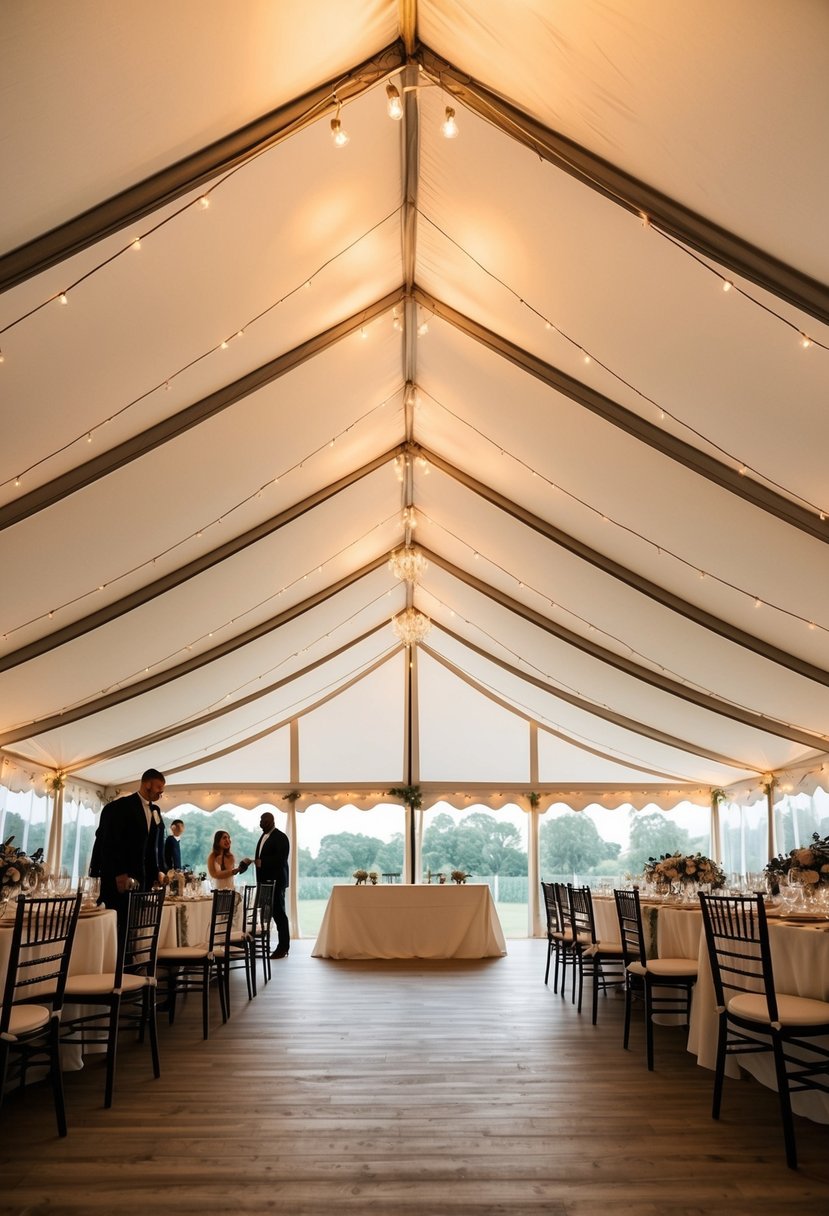 The wedding tent is illuminated from below, casting a warm glow on the fabric and showcasing its elegant features