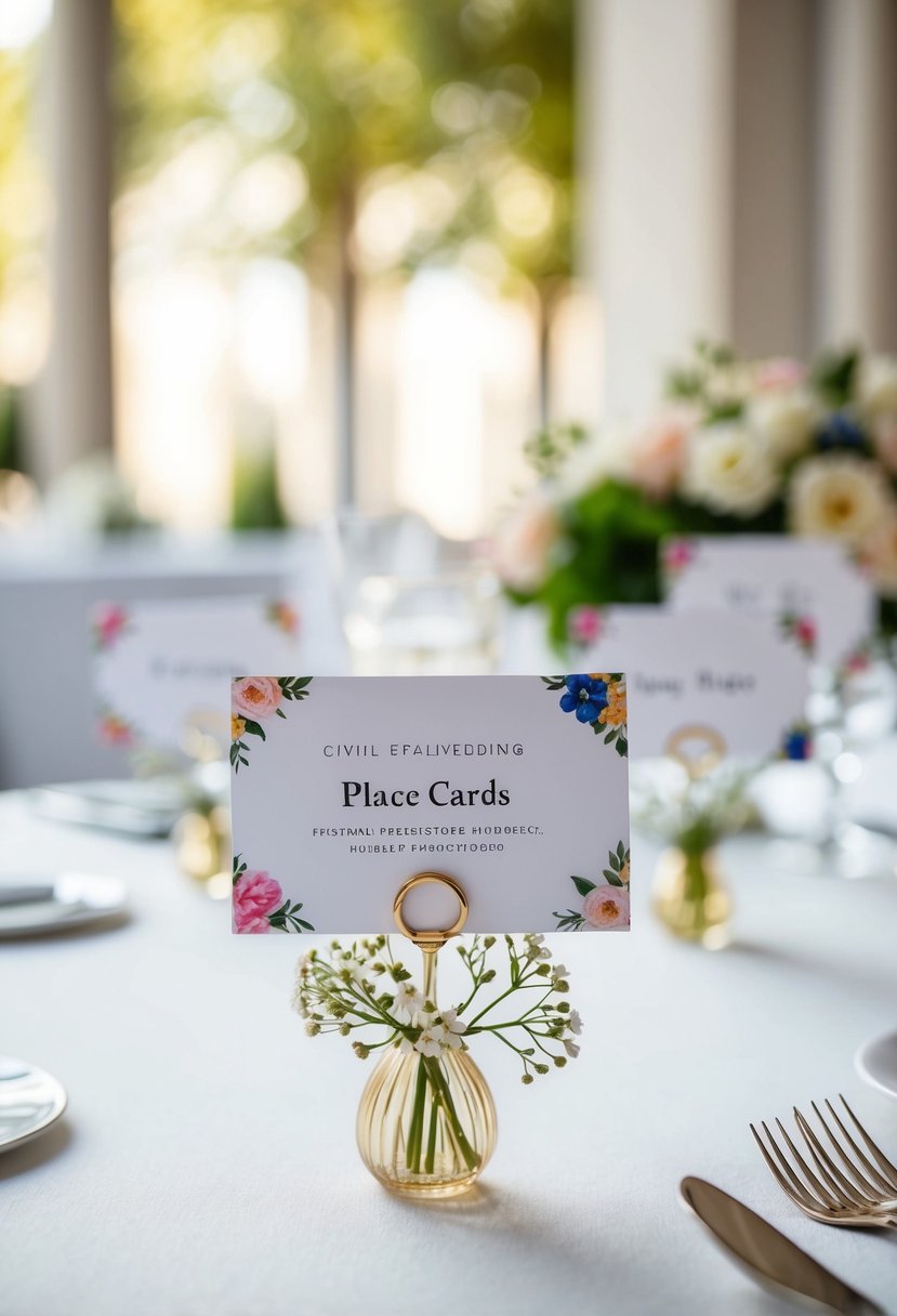 Small floral accents hold place cards on a table, adding a delicate touch to the civil wedding decor