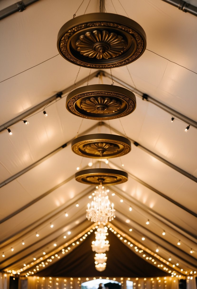 Ceiling medallions hang above, paired with glowing lights inside a wedding tent, creating a warm and romantic atmosphere