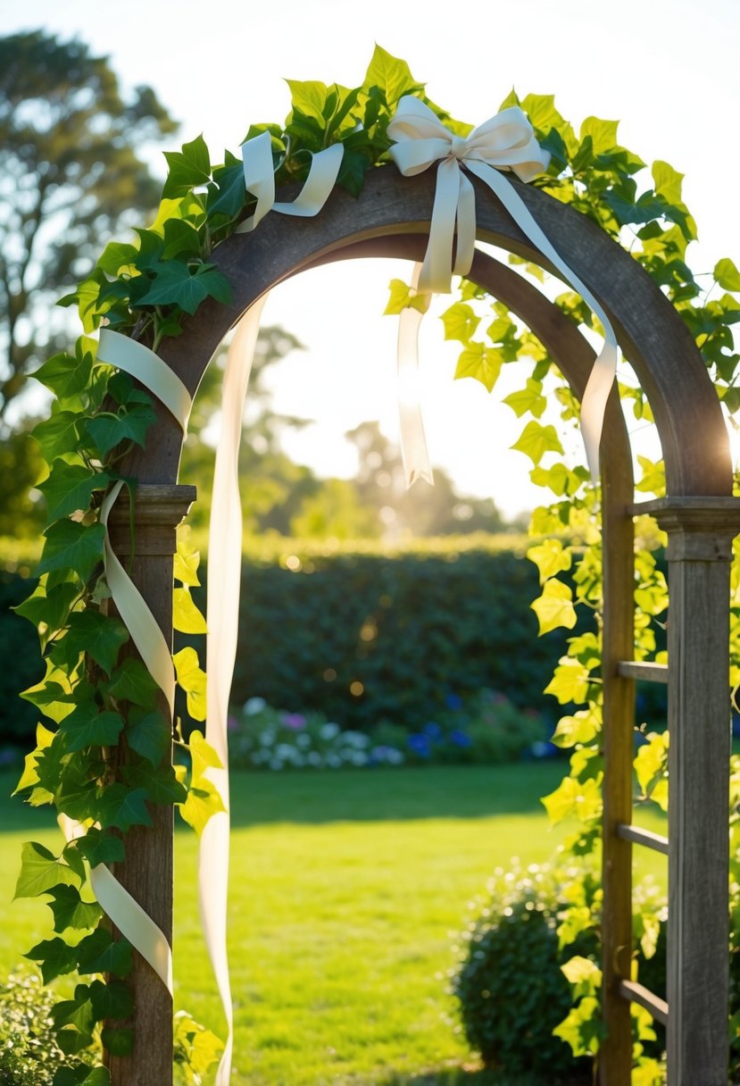 Ribbons and ivy adorn a rustic archway in a sunlit garden