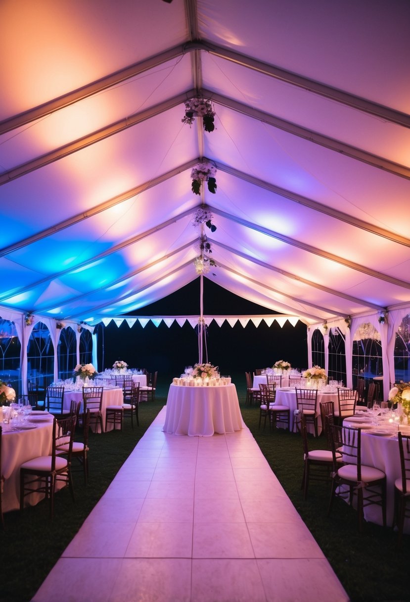 Color-changing LED lights illuminate a wedding tent, creating a dynamic and vibrant atmosphere