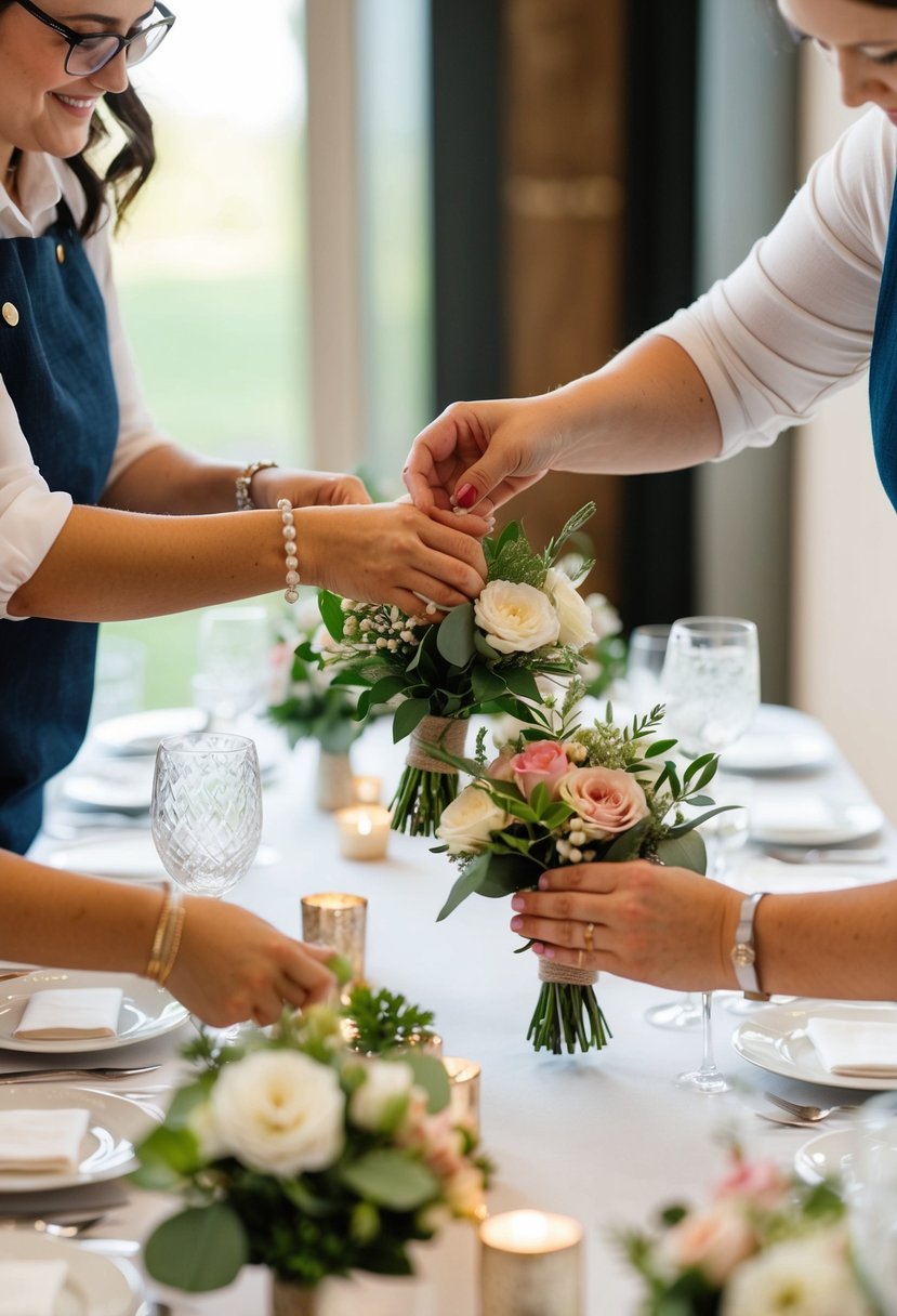 Crafters arranging miniature bouquets for wedding table decor