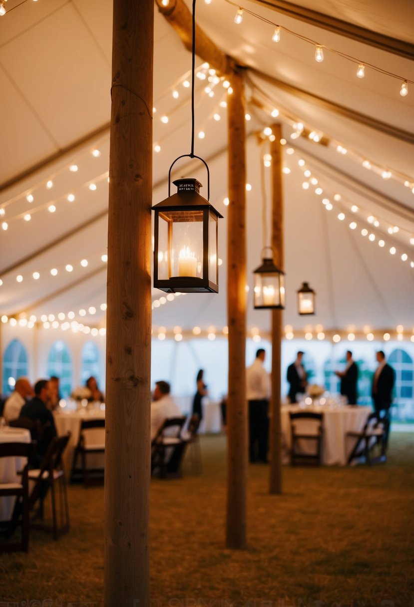 Lanterns hang from tall poles inside a wedding tent, casting a warm glow over the space