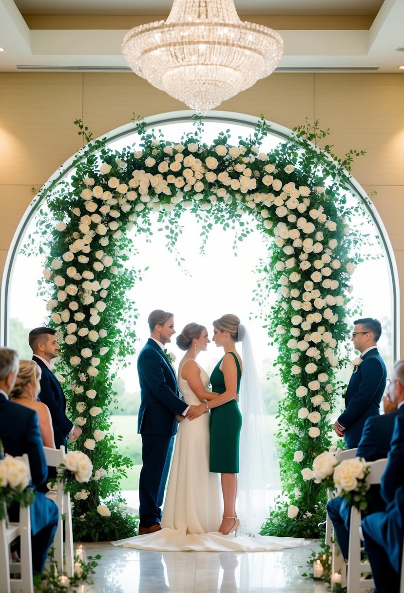 An elegant arch of white roses and greenery frames a civil wedding ceremony