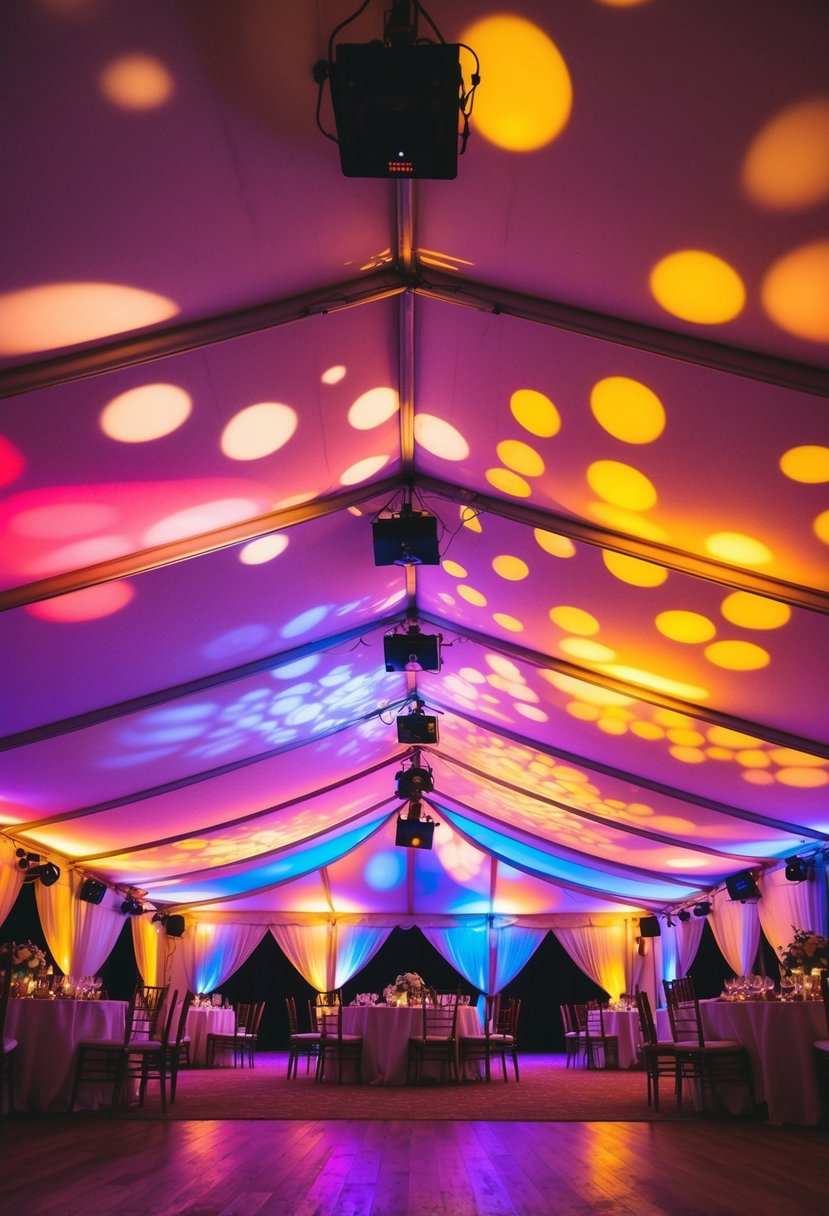 Colorful patterns cast by projection lighting on the walls and ceiling of a wedding tent, creating a vibrant and festive atmosphere