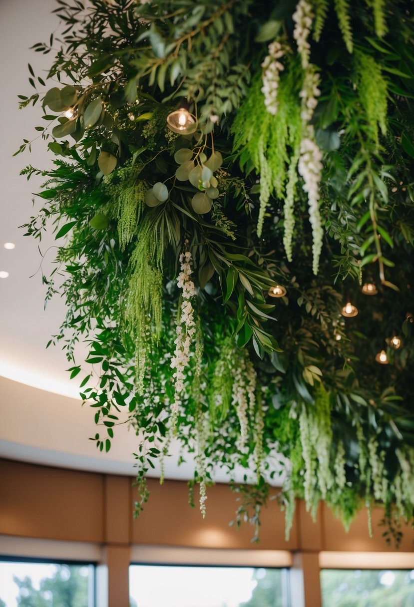 Lush greenery cascades from the ceiling, creating a natural and elegant atmosphere for a civil wedding